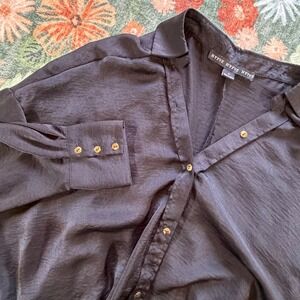 HYFVE Black Satin Cropped Button Down Blouse Elastic Hem HF21E847‎ Small